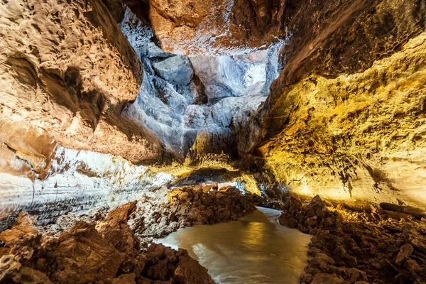 Stunning Verdes Cave Colorful Illumination Lanzarote Canary Islands Spain — Stock Photo, Image