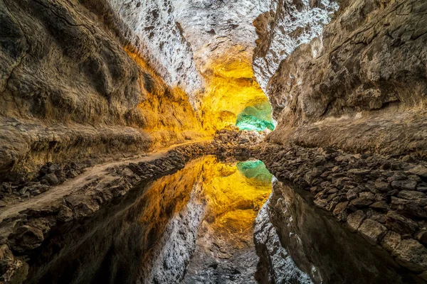 Stunning Verdes Cave Colorful Illumination Lanzarote Canary Islands Spain — Stock Photo, Image