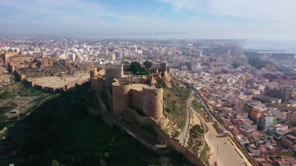 Aerial View Almeria Moorish Castle Fortress Hill Andalusia Spain — стоковое видео