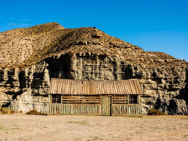 Prachtig Uitzicht Tabernas Woestijn Met Houten Schuilplaats Voor Filmset Plaats — Stockfoto