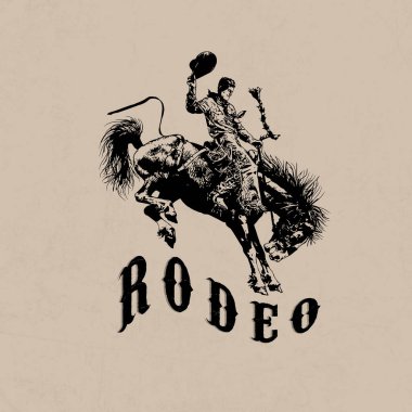 Klasik tipografi Vahşi Batı Teksas rodeo batı kovboyu at çizimi baskısı üzerinde grafiksel tişört veya poster için retro slogan metni - Vector. Kovboy sanat eserleri.