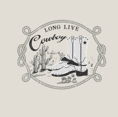 Çölde yaşayan kovboy grafikleri ve tişört ve kazak için kovboy çizmeleri.