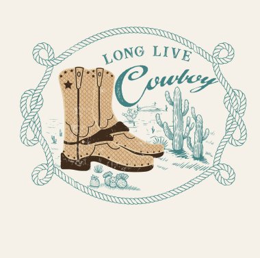 Çölde yaşayan kovboy grafikleri ve tişört ve kazak için kovboy çizmeleri.