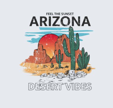 Arizona çöl titreşimleri moda ve diğerleri için günbatımı grafik baskısını hisseder. Batı çöl sanat eserleri tişört veya diğerleri için.