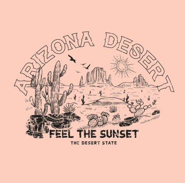 Arizona Çölü giysi için gün batımını hisset. Batı çöl çizgisi tişört için çiziyor.