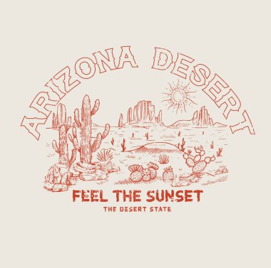 Arizona çöl titreşimleri moda ve diğerleri için günbatımı grafik baskısını hisseder. Batı çöl sanat eserleri tişört veya diğerleri için.