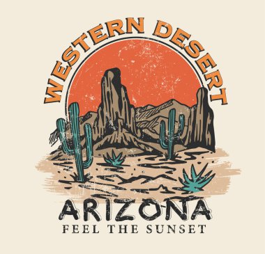 Arizona çöl titreşimleri moda ve diğerleri için günbatımı grafik baskısını hisseder. Batı çöl sanat eserleri tişört veya diğerleri için.