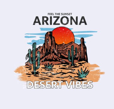 Arizona çöl titreşimleri moda ve diğerleri için günbatımı grafik baskısını hisseder. Batı çöl sanat eserleri tişört veya diğerleri için.