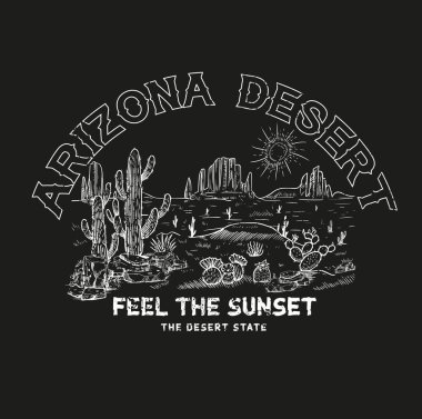 Arizona Çölü giysi için gün batımını hisset. Batı çöl çizgisi tişört için çiziyor.