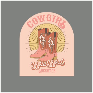 Üzerinde mesaj olan pembe kovboy çizmesi. Vahşi batılı kovboy kız moda yazıları. Kovboy kovboy ve vahşi batı teması. El çizimi vektör tasarımı.