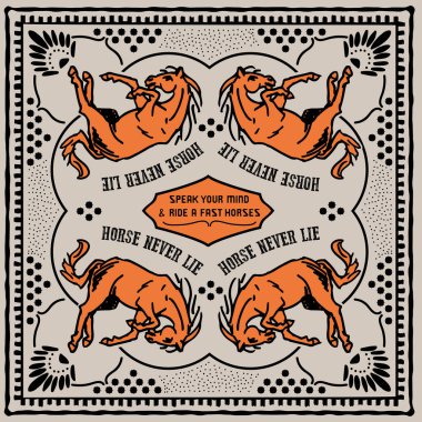 At asla yalan söylemez kovboy bandana desenli tasarım, kovboy çölü bandana desenli tasarım, tişört için klasik batı sanat eserleri, çıkartma, grafik baskı. Batı kovboy bandana tasarımı.