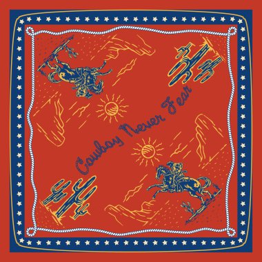 Kovboy asla haydut bandana desenli tasarım kovboy çölü bandana desenli tasarım tişört, çıkartma ve grafik baskısı için klasik batı sanat eserlerinden korkmaz. Batı kovboy bandana tasarımı.