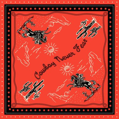 Kovboy asla haydut bandana desenli tasarım kovboy çölü bandana desenli tasarım tişört, çıkartma ve grafik baskısı için klasik batı sanat eserlerinden korkmaz. Batı kovboy bandana tasarımı.