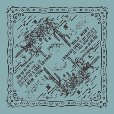 western cowboy artwork illustration. wild west cowboy bandit bandana pattern design, cowboy desert bandana print design, vintage western artwork for t shirt, sticker, graphic print.