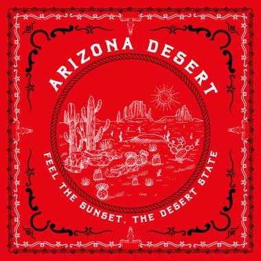 Arizona çölü bandana desenli tasarım, kovboy çölü bandana desenli tasarım, tişört için klasik batı sanat eserleri, çıkartma, grafik baskı