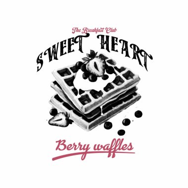 Çilekli ve çikolatalı waffle 'ın vektör çizimi, tatlı kalpli... en iyi waffle sanat eseri..