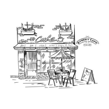 Vektör çizimi. Şehirle birlikte bir kafe çizimi. Yol kenarı kafe illüstrasyonları klasik tarzda.