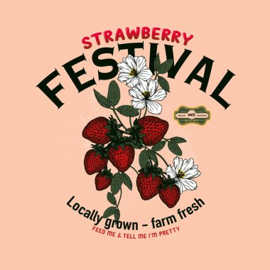 Çiçek ve yaprak vektör illüstrasyonu ile çilek, klasik meyve vektör sanatı, el yapımı çilek, tipografi ile eski tip meyveli sanat, tarım posterleri.