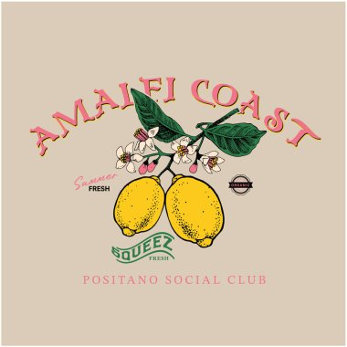 amalfi sahil limon şubesi vektör sanatı, İtalya 'nın yaz mevsiminde tişört için vektör çizimi, tipografi ile grafik baskı, antika yaz tasarımı