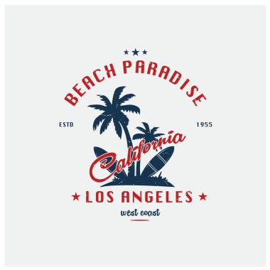 california beach paradise summer vibe artwork. california beach wave surfing artwork with palm tree.