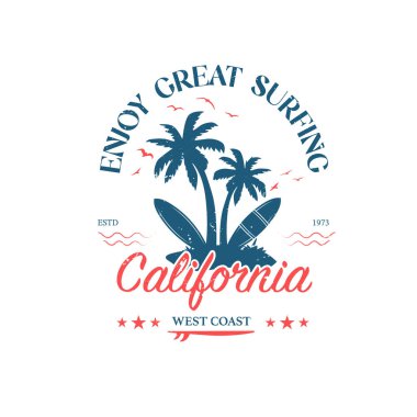 california beach paradise summer vibe artwork. california beach wave surfing artwork with palm tree.