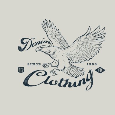 denim clothing graphic design with american eagle wings . Vintage print artwork for fashion and others. vintage style denim artwork for apparel. clipart