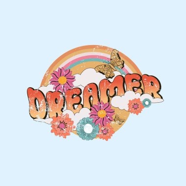 Hayalperest gömlek tasarımı. Metin çiçekli ve kelebekli. Çocuklar ve kızlar için klasik hippi tişörtü tasarımı.