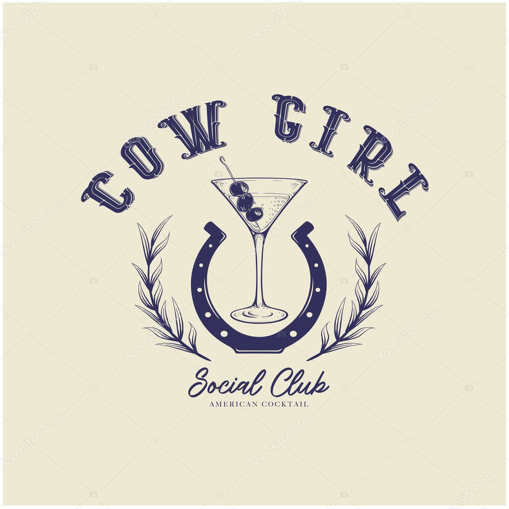 Cowgirl social club logo, vector illustration cocktail logo design. cowgirl cocktail club artwork with Champagne glass, olives and horse shoe.