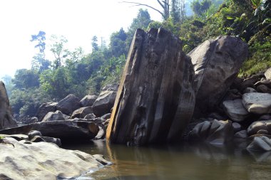 Taşlı dağ nehri. Yüksek tepeli, bandarbanlı, Bangladeş 'li güzel nehir manzarası.