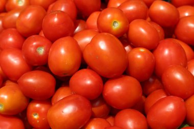 Olgun kırmızı domatesler. Piyasada bir sürü taze domates var. Kırmızı domates stoku fotoğrafları.