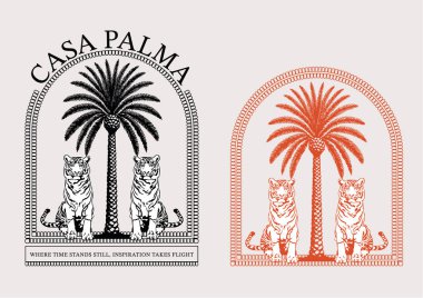 Palmiye ağaçlarının vektör kümesi farklı şekilde. Monaco yazlık vektör tasarımı, tropikal palmiye ağacı, kaplan, heykel, tişört için klasik tatil adası çizimi, nakış, otel logosu tasarımı