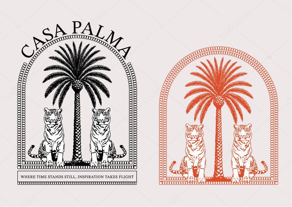 Vector set of palm trees in different style. Monaco summer resort vector design, Minimalistic logo design with tropical palm tree, tiger, statue, Vintage holiday island artwork for t shirt, embroidery, Motel logo design