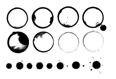 Mürekkep lekesi vektörü. Damlalı siyah mürekkep lekeleri ve yuvarlak daire. Farklı el yapımı sprey tasarım elementleri. Boya mürekkebi sıçramış, lekeler yerleştirilmiş. Damlalı boya damlaları.