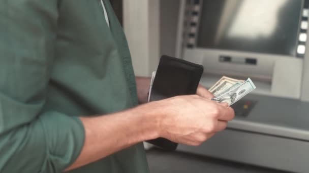 Close View Hands Adult Young Man Receiving Money Atm Modern — Stock videók