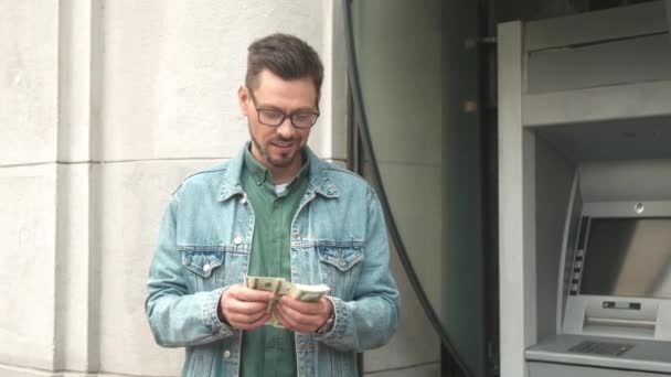 Portrait Happy Rich Young Adult Businessman Counting Dollar Notes Withdrawn — Video