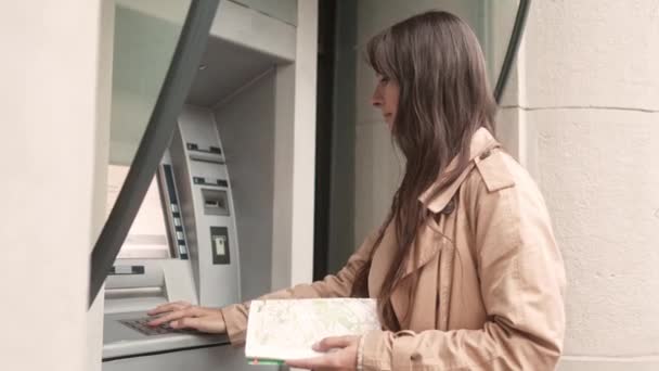 Side View Portrait Young Adult Focused Woman Using Atm Terminal — Video