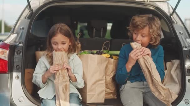 男の子と女の子は野菜と袋の背景に車のトランクに座っている 満足した子供たちはバゲットを保持します 子供たちはパンを一口 カメラと笑顔を見てください 子供たちはポーズをとって親指を取り — ストック動画