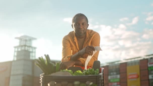 Портрет Афроамериканца Стоящего Телегой Полной Овощей Мужчина Смотрит Чек Мультикультурный — стоковое видео