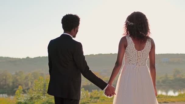 ハッピーアフリカ系アメリカ人カップルと手を握り 自然の中で幸せな瞬間を楽しんでいます 美しい風景を見ている彼の愛する花嫁と魅力的な男 ロマンチックな日 — ストック動画