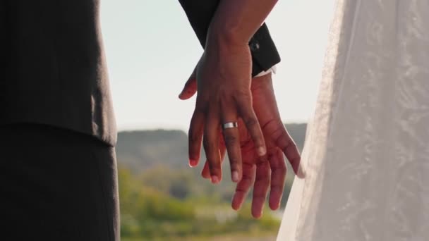Pohled Zamilovaný Pár Jak Drží Ruce Před Přírodní Krajinou Nevěsta — Stock video