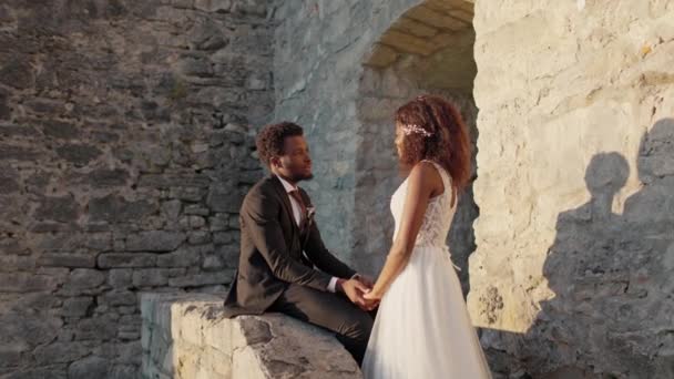 アフリカ系アメリカ人は 城の前に花嫁の手を握りながら石の上に座っている 若いカップルはお互いに愛 忠実さ そしてサポートの言葉を語っています ウェディングの誓い 一緒に幸せ — ストック動画