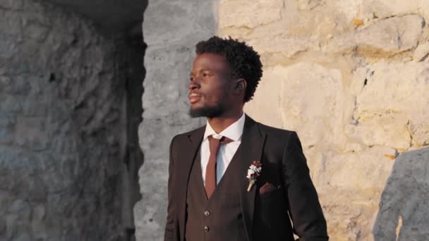 Tampan Afrika Amerika Pria Dengan Kostum Elegan Dengan Dasi Dan — Stok Video