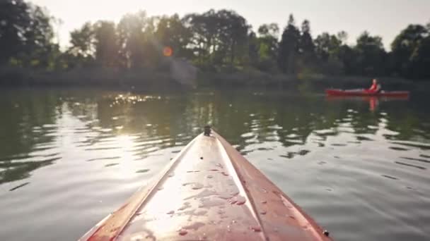 独木舟的景色坐落在大湖面上 池塘周围的绿树 在阳光灿烂的日子里划船 太阳光闪烁着水 在模糊的背景下人类划着独木舟 放宽管制 — 图库视频影像