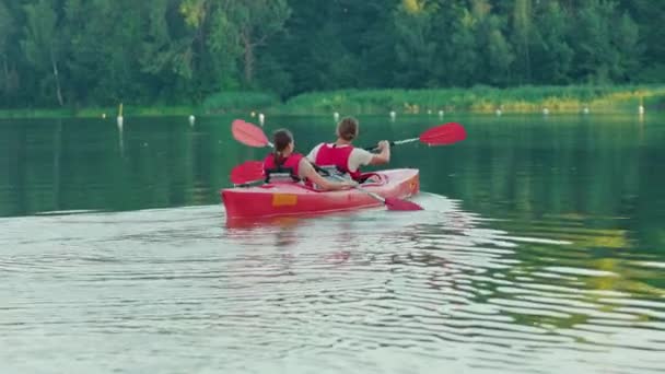 Visszapillantás Pár Gyakorló Evezés Együtt Tavon Férfi Piros Mellényben Csónak — Stock videók