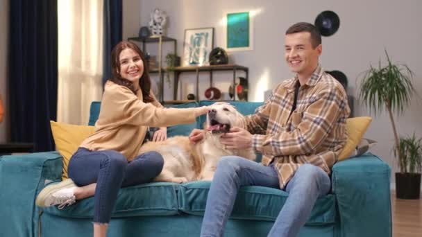 积极的白种人夫妇和家养宠物在柔软的沙发上放松 可爱的人们一边爱抚可爱的狗 一边一起笑着看着相机 享受与他们的拉布拉多一起的时光 — 图库视频影像