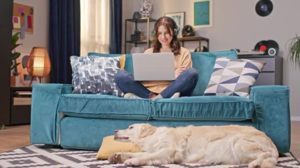 白人妇女舒适地坐在家里蓝色沙发上的荷花位置上 在看电影或电视节目时 用手提电脑给女性配戴耳机 在长沙发狗面前睡在地毯上 — 图库视频影像