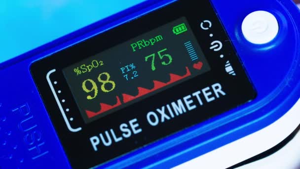 Fingerkuppen Pulsoximeter Der Monitor Des Medizinprodukts Misst Die Arterielle Sauerstoffsättigung — Stockvideo