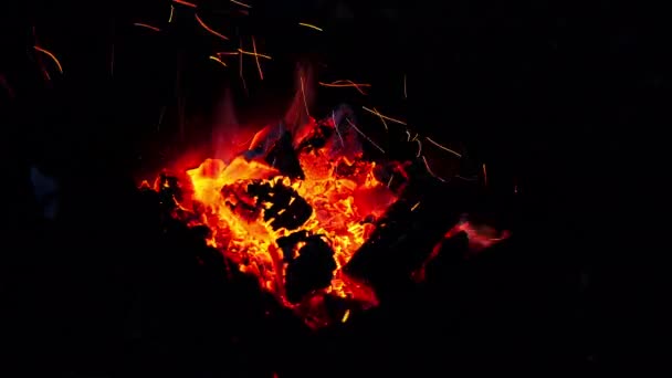 Szakács Felgyújtja Tüzet Egy Ventillátorral Egy Gyönyörű Fényes Tűz Éjszaka — Stock videók
