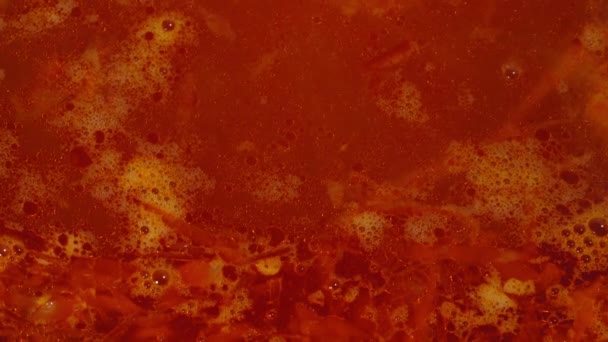 赤いスープが沸騰している ウクライナのボルシチは台所の火に沸騰します 美しい明るい赤ホット液体食品 キャベツ 玉ねぎ ジャガイモ トマト バブルでお湯にニンジンをゆでた — ストック動画