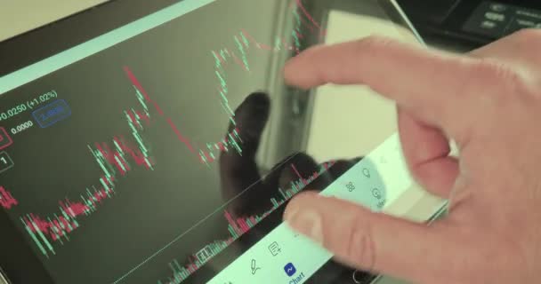 商人紧紧抓住平板电脑上的金融蜡烛图 将商业新闻放在电脑屏幕上 以经济自由为背景 — 图库视频影像